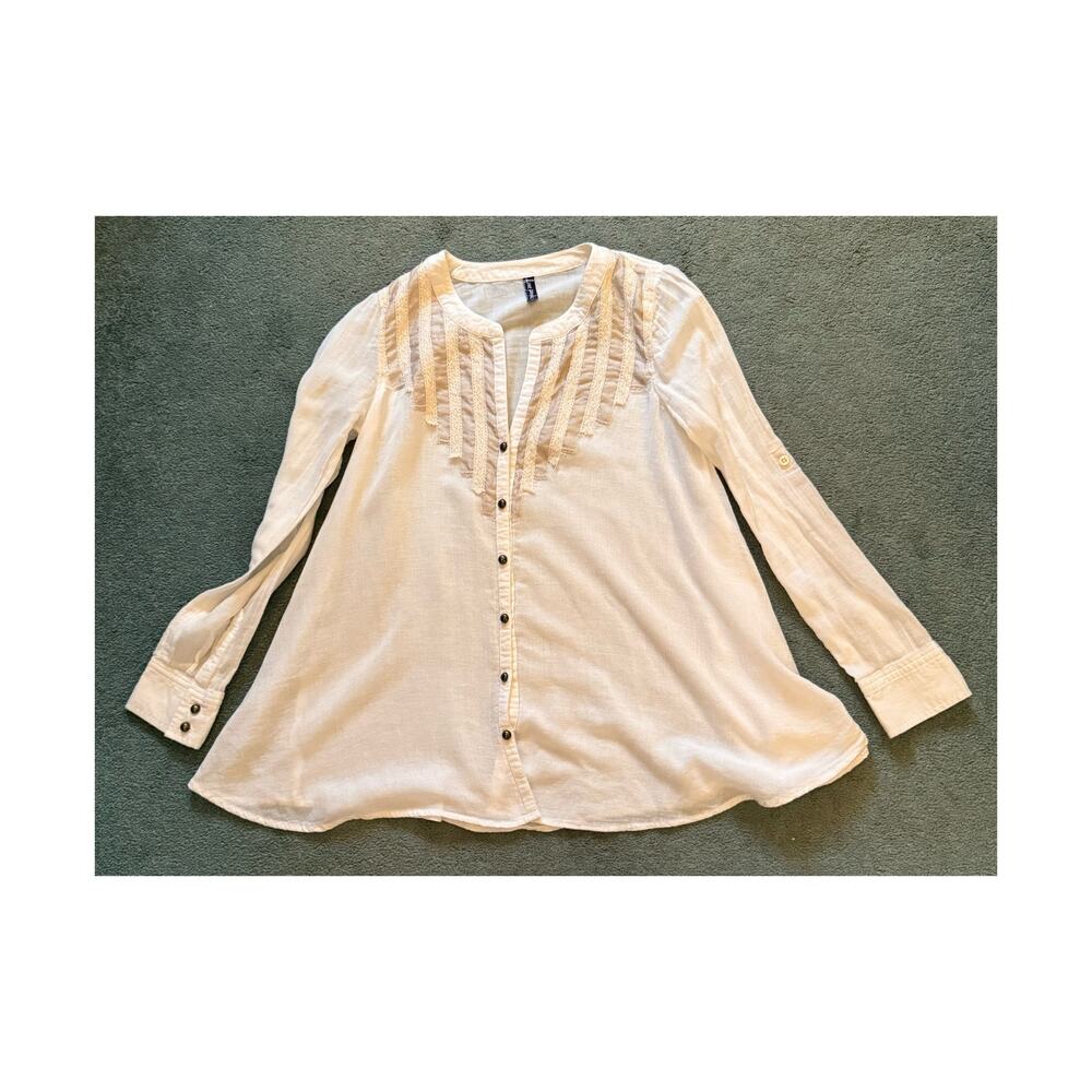 Free People Top Womens Size Small White Cotton Long Sleeve Roll Tab Boho Buttons